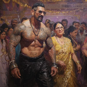 realism oil painting .a muscular beefy sweaty tattoed indian man...