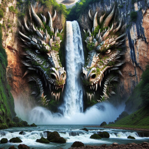 A large waterfall, a dragons face emerging from the waterfall