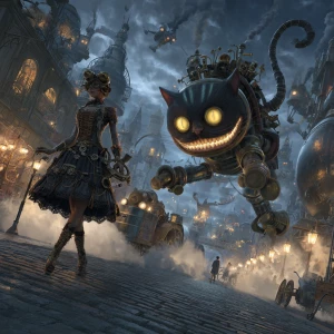 Alice in a steampunk world — wearing brass goggles, a leather co...