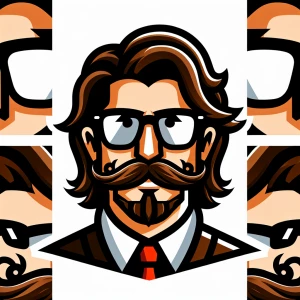 A man with long wavy brown hair and a mustache with thick framed...