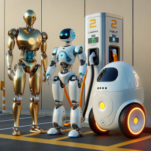 C3Po, r2d2 and BB8 at a tesla charging station