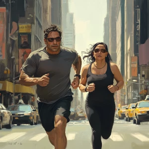 Realism style,a  muscular, sweaty ,criminal man jogging on a bus...