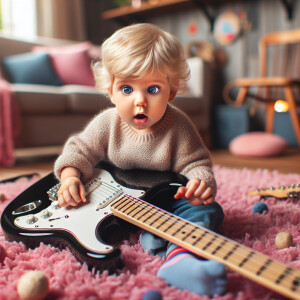 A baby with blonde hair and blue eyes playing the electric guita...