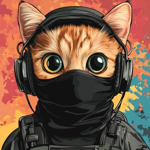 A wide-eyed ginger cat wearing a black tactical balaclava (or ma...