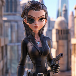 imagine 3D animated character inspired by Angelina Jolie, wearin...