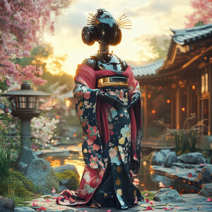 A Star Wars battle droid is elegantly dressed as a traditional g...