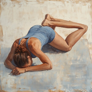 “A fit Italian American woman lies face down but propped up on h...