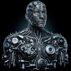 A man made of all fast car auto parts 3D 8K super detail halluci...