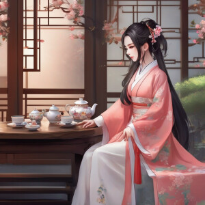 A girl wearing hanfu, chinese classical, beautiful chinese tea p...