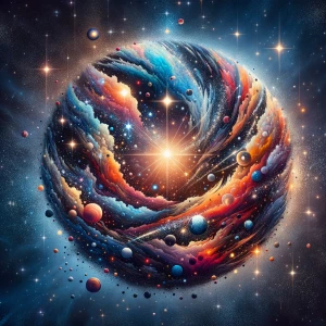 Design an illustration featuring a 5-dimensional cosmic orb, usi...