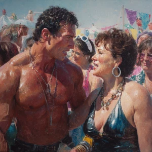 Create a hyperrealistic image of a muscular, sweaty American man...