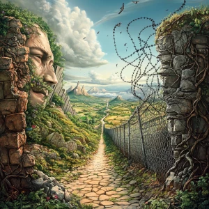 Create an image that depicts two parallel worlds: one brimming with prosperity and joy, characterized by lush landscapes, smiling faces, and an overall sense of well-being; the other riddled with barriers, high walls, and tangled barbed wires, symbolizing struggle and adversity.