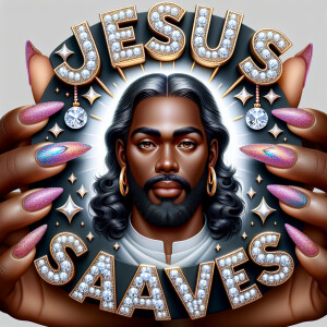 A 3D realistic artwork featuring the phrase 'Jesus Saves' adorne...