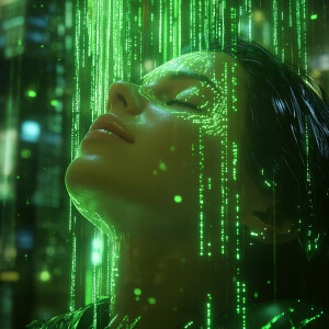 A close-up hyper-realistic image of a woman immersed in a futuri...