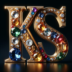 Create a 3-D realistic image with the letters  K.S. in gold raised letters , Add diamonds and colorful jewels