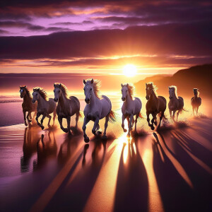 Seven horses galloping along the beach at sunrise, with the sun...
