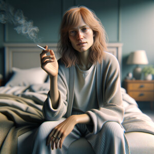 Middle-aged woman sitting on her bed smoking a cigarette .