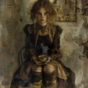 A captivating grunge-style illustration of a fashion model seate...