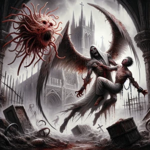 Horror-themed video game concept art of an angel infected with a...