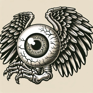 Flying dinosaur eyeball with wings in an old school tattoo style