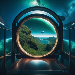Create an image showcasing a futuristic sci-fi setting with a la...