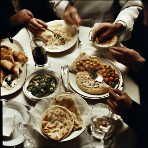 Close-up shot from above The table is full of traditional dishes...