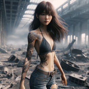 Thin Asian teen girl wearing tight jeans and a halter top Long brown hair and bangs, tattoos on her arms, athletic heroic pose