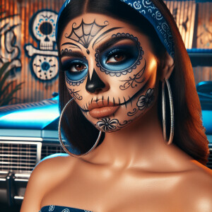 Create an image featuring a Latina woman with a " dias los muert...