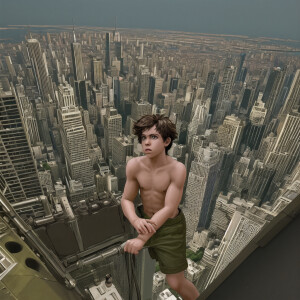 A young wild little jungle boy, climbing up the Empire State bui...