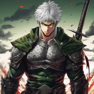 Strong man, athletic body, white hair, scar on nose, demonic tat...