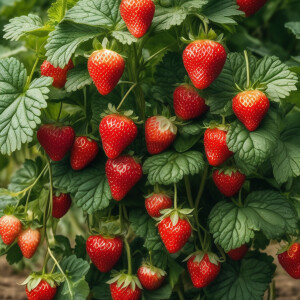 Create a high-quality photo: a strawberry bush growing in a fiel...