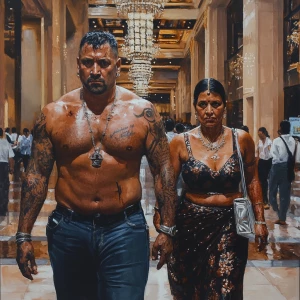 realistic painting,a muscular, tattooed employer man and his 54-...