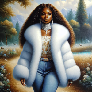 Craft a 4K glossy oil painting portraying a regal, plus-size Afr...