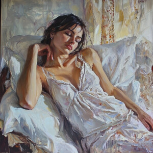 Женщина лежит в постели. Утренние лучи на постели и ее лице. Она...