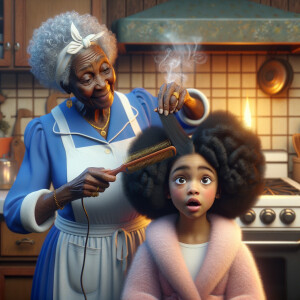 Create a realistic 3-D image of an african-American grandmother wearing a blue house dress and a white apron . She is in the kitchen with her african-American granddaughter. Her granddaughter is wearing a pink bath robe. The grandmother has a hot comb in her hand and she is straightening her granddaughters hair. One side of her granddaughters hair is in  a Afro the other straight 
There is smoke coming from the hot comb
The granddaughter is making a face