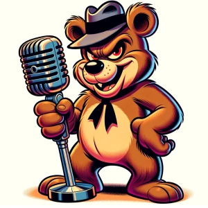 A mean teddy bear character holding a mic
