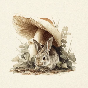 Rabbit under mushroom, watercolor, earth tones, white background