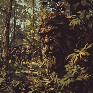 A humanoid Sasquatch covered in thick hair, peering from behind...