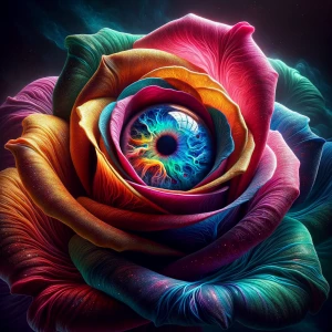 A Multi-colored Rose, the petals shifting hues from deep crimson...