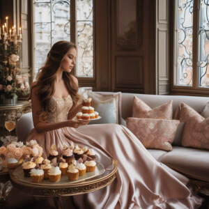 A girl with long brown hair is sitting on a sofa in front of a c...