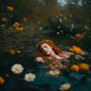 pre raphaelite style ginger girl floating in a river with flower...