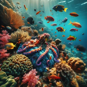 An octopus blending into its surroundings, its tentacles wrapped...