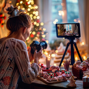 Photorealistic image. Woman making YouTube video of herself, mak...