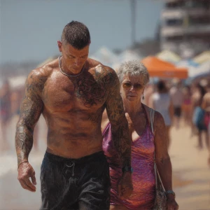 Hyperrealism, photo painting.a muscular beefy sweaty tattoed aus...