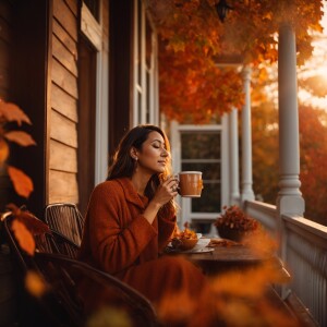 A woman enjoys her morning coffee on a porch, basking in the war...