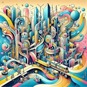 A high-angle colorful illustration of a surreal cartoon city cal...