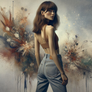 Athletic Thin skinny Attractive, Asian teenage girl, long brown hair and bangs, wearing tight skinny jeans and a halter top paint marks on her clothing, heroic pose Asian graffiti background, backside view