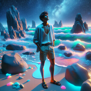 3D image of a beautiful night at the beach. There are glowing li...