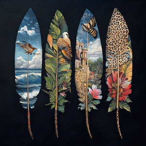 Create a series of four painted feathers, each with a unique des...