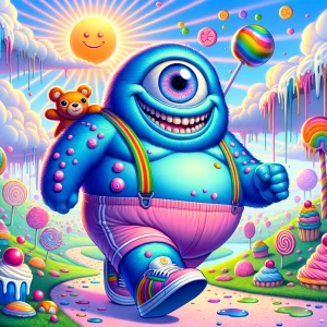A cheerful, round-bellied cyclops with one big sparkling eye and...
